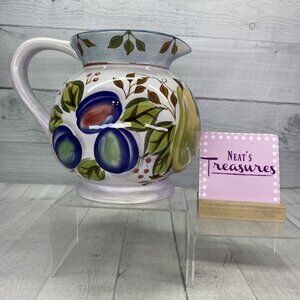 Heritage Mint BLACK FOREST FRUIT Green Leaves Blue Trim 80 oz Stoneware Pitcher